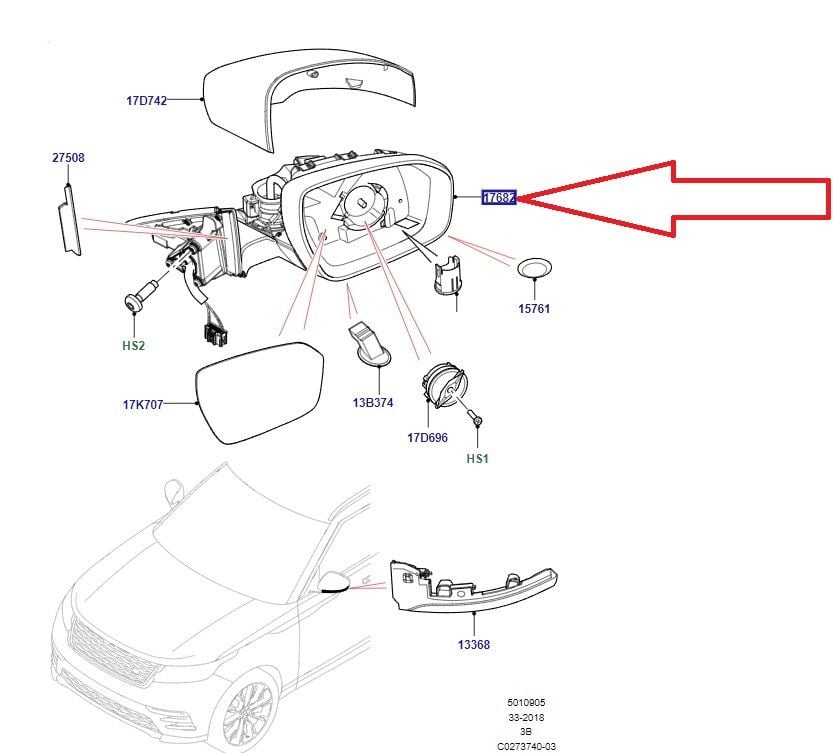 LR093144 Mirror Right Range Rover Velar